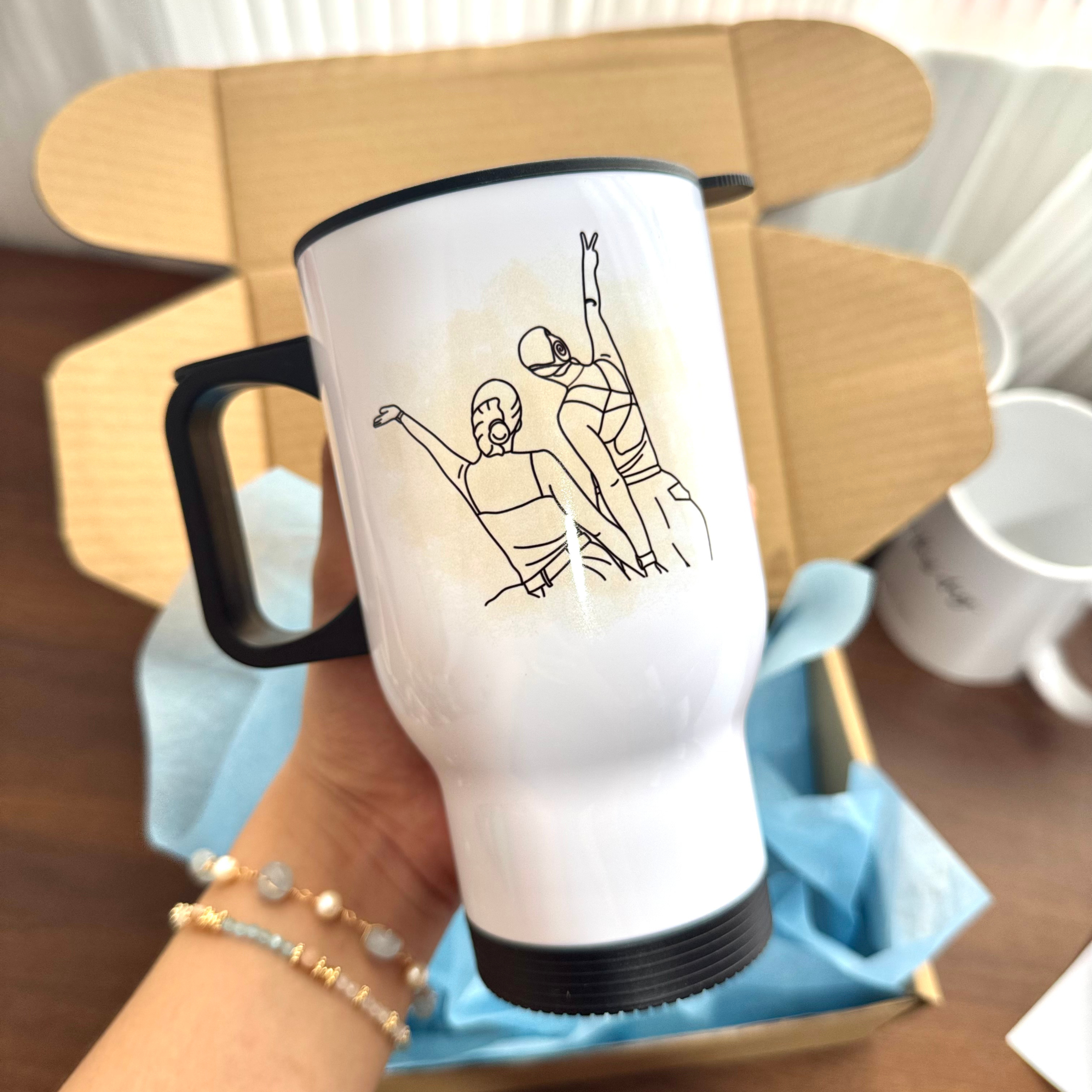 Black & White Line Art Faceless Portrait Mug – Travel Mug, Personalized Hand-Drawn Design