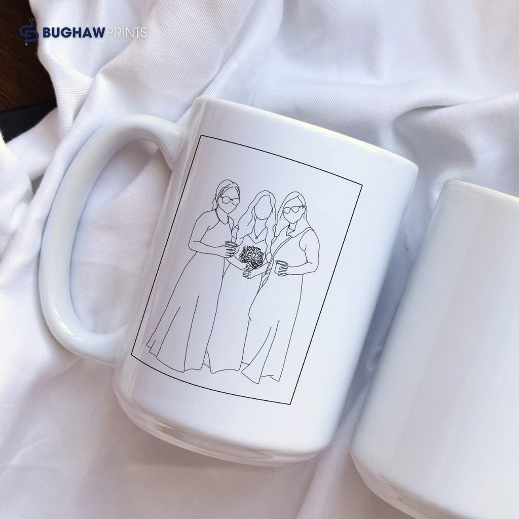 Black & White Line Art Faceless Portrait Mug – White 15oz, Personalized Hand-Drawn Design