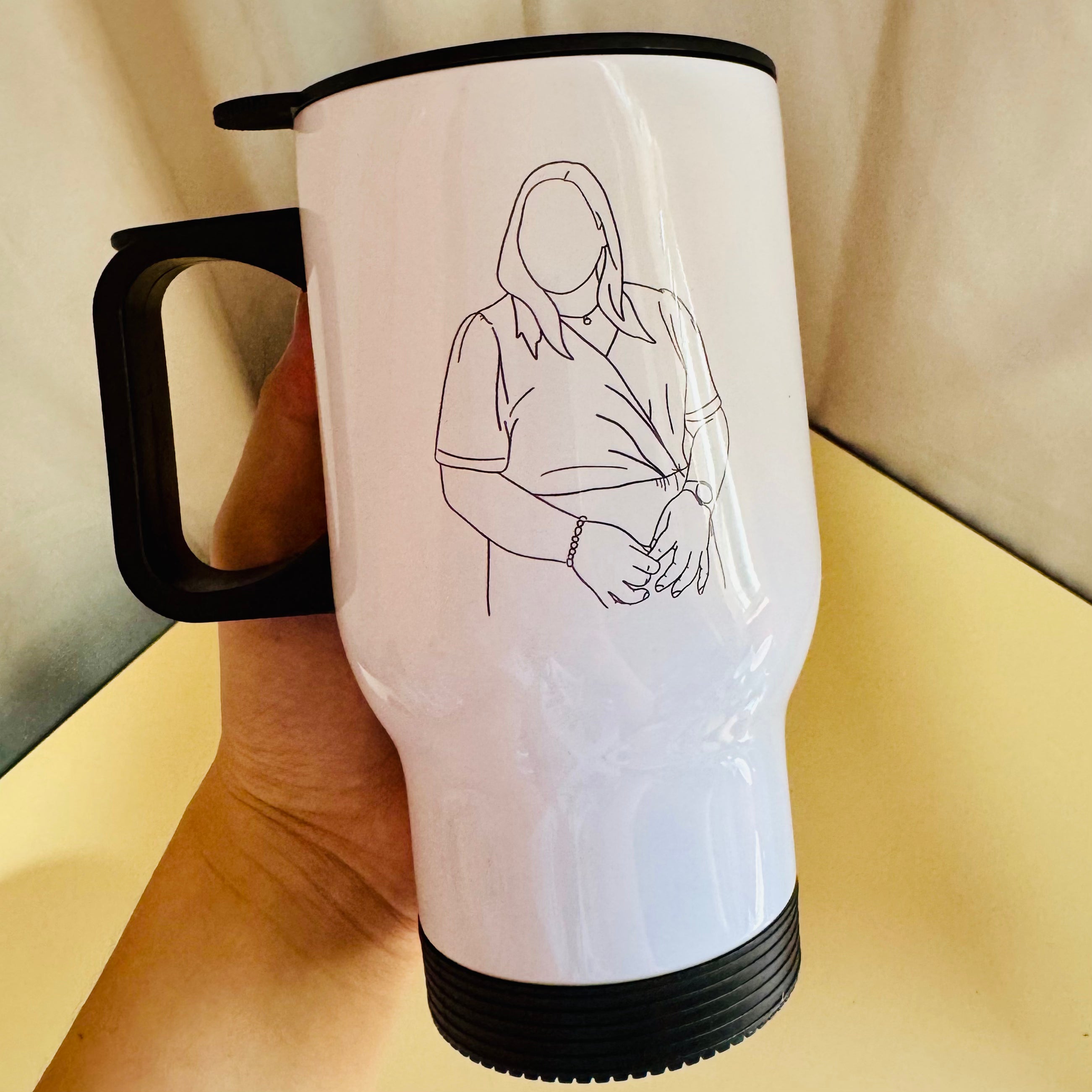 Black & White Line Art Faceless Portrait Mug – Travel Mug, Personalized Hand-Drawn Design
