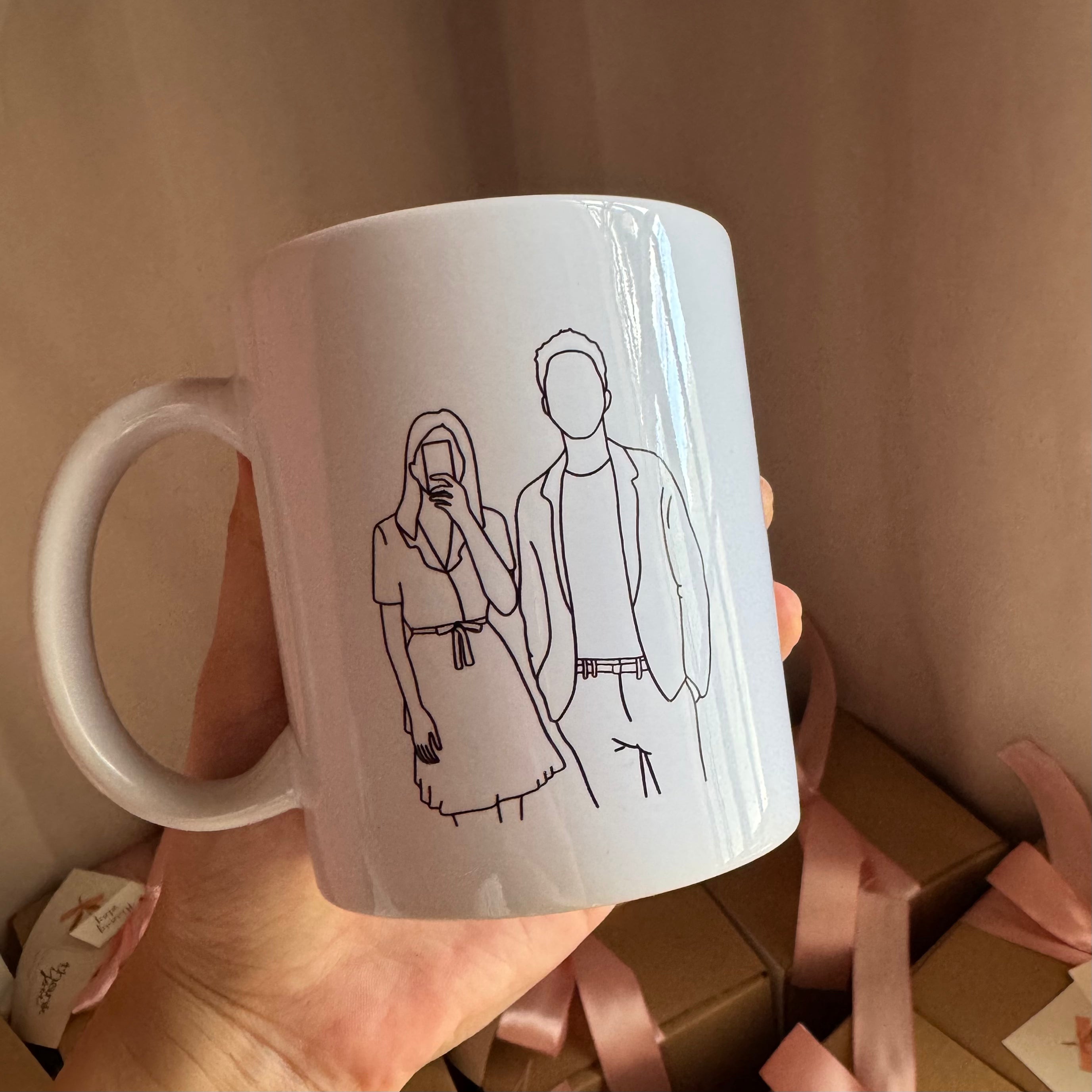 Black & White Line Art Faceless Portrait Mug – White 11oz, Personalized Hand-Drawn Design